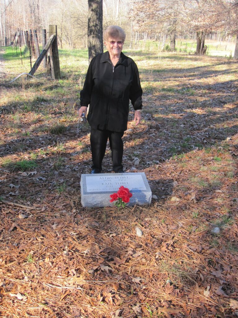 Emily Uhrich Cerny by the grave of the parents of Joseph Vratislav Teibel